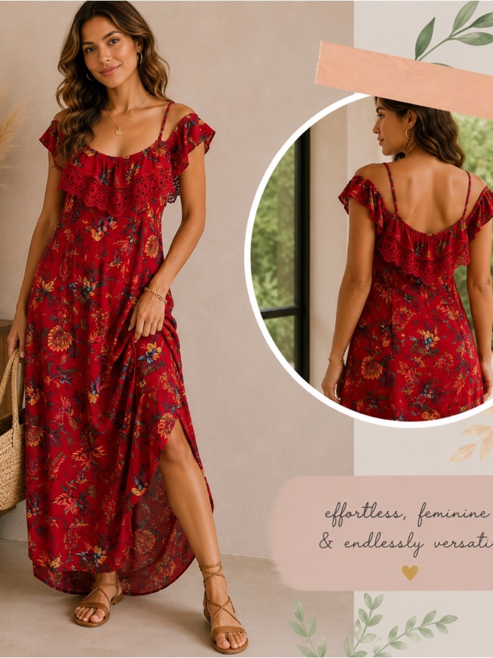 No Boundaries Red Floral Boho Dress with Lace Trim